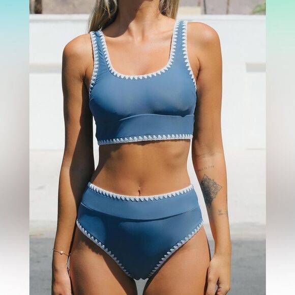New CUPSHE Bikini Set Scoop Neck Tank Wide Straps Midkini Stitching Blue S - Picture 5 of 7